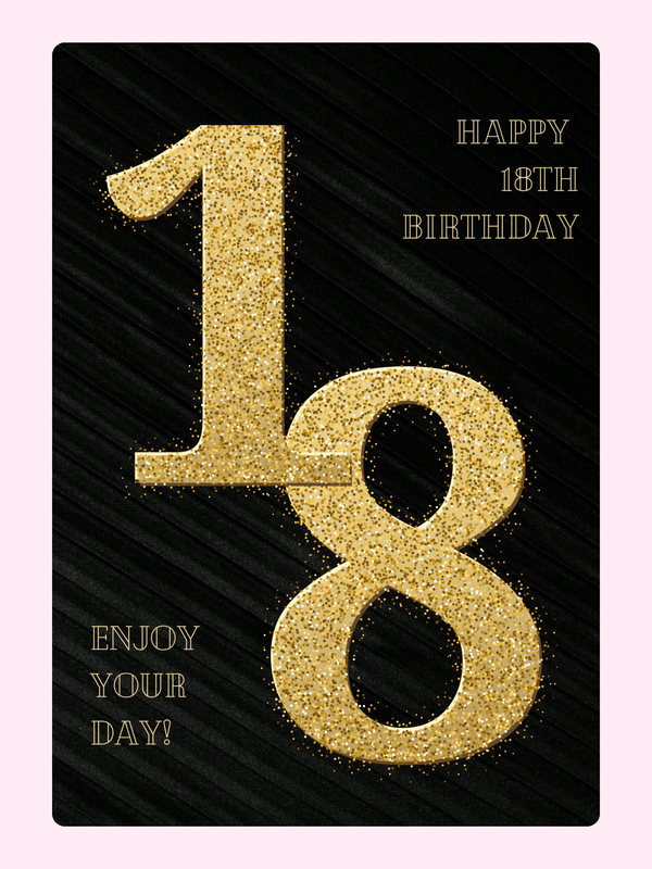 Elegant 18th birthday card with gold glitter numbers on black background