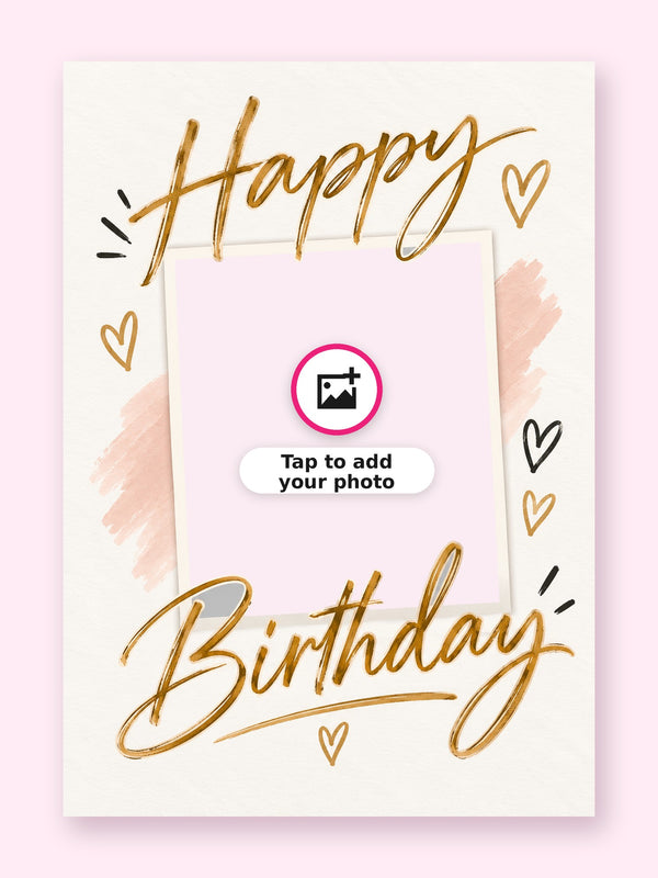 Gold Script Birthday Cake Card with a space for your own photo