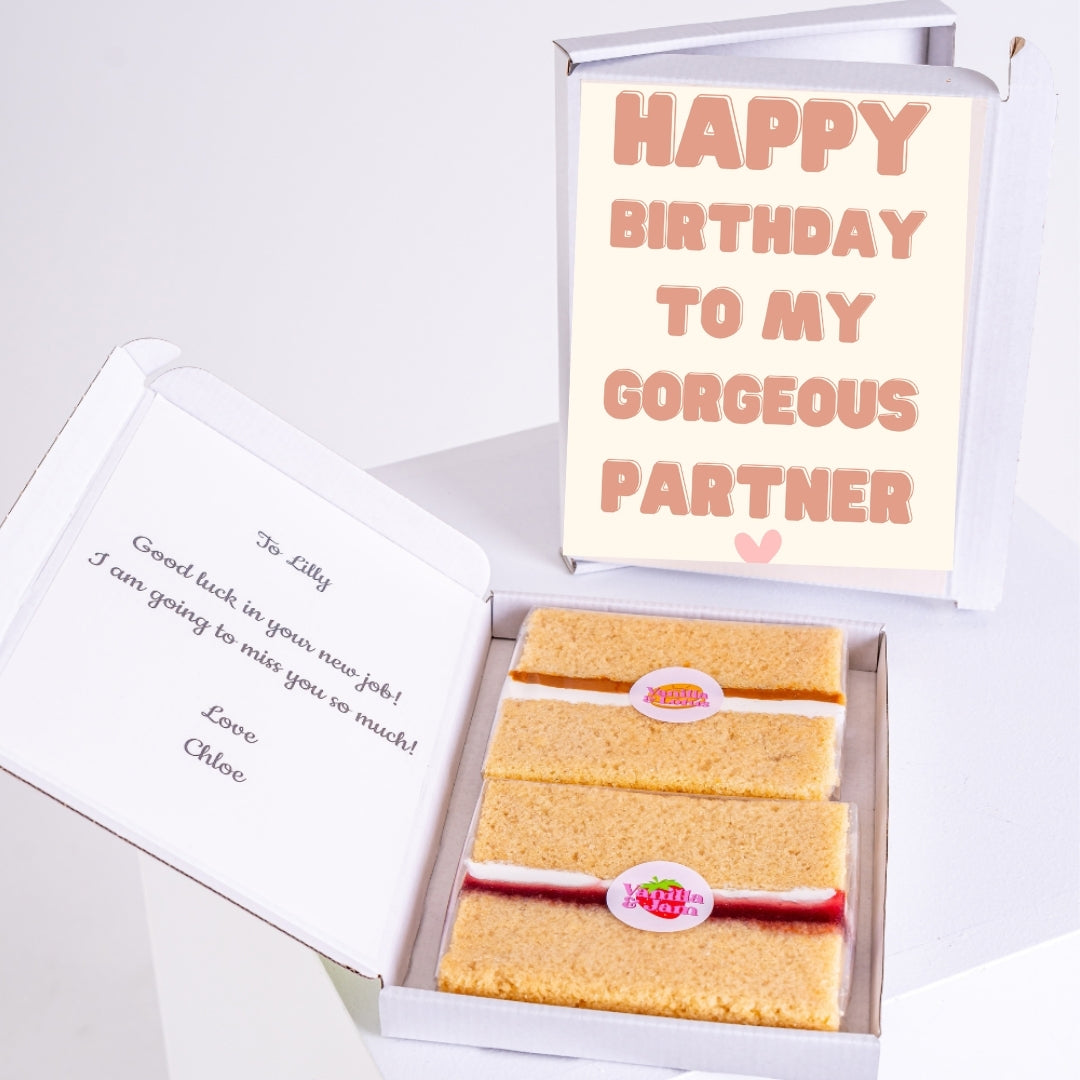 Birthday cake gift box for gorgeous partner with modern typography card