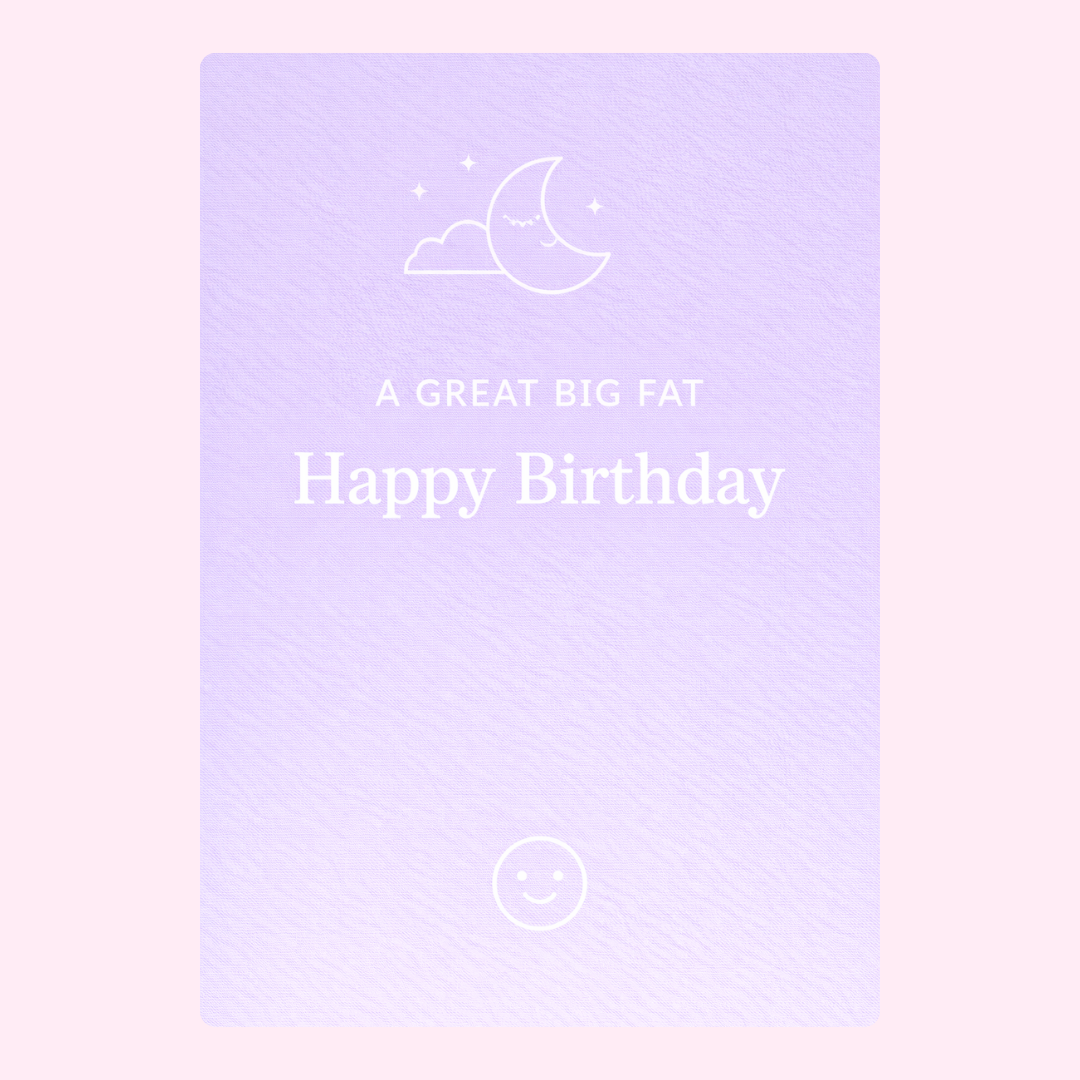 minimalist purple happy birthday card design with moon and stars illustration and playful message