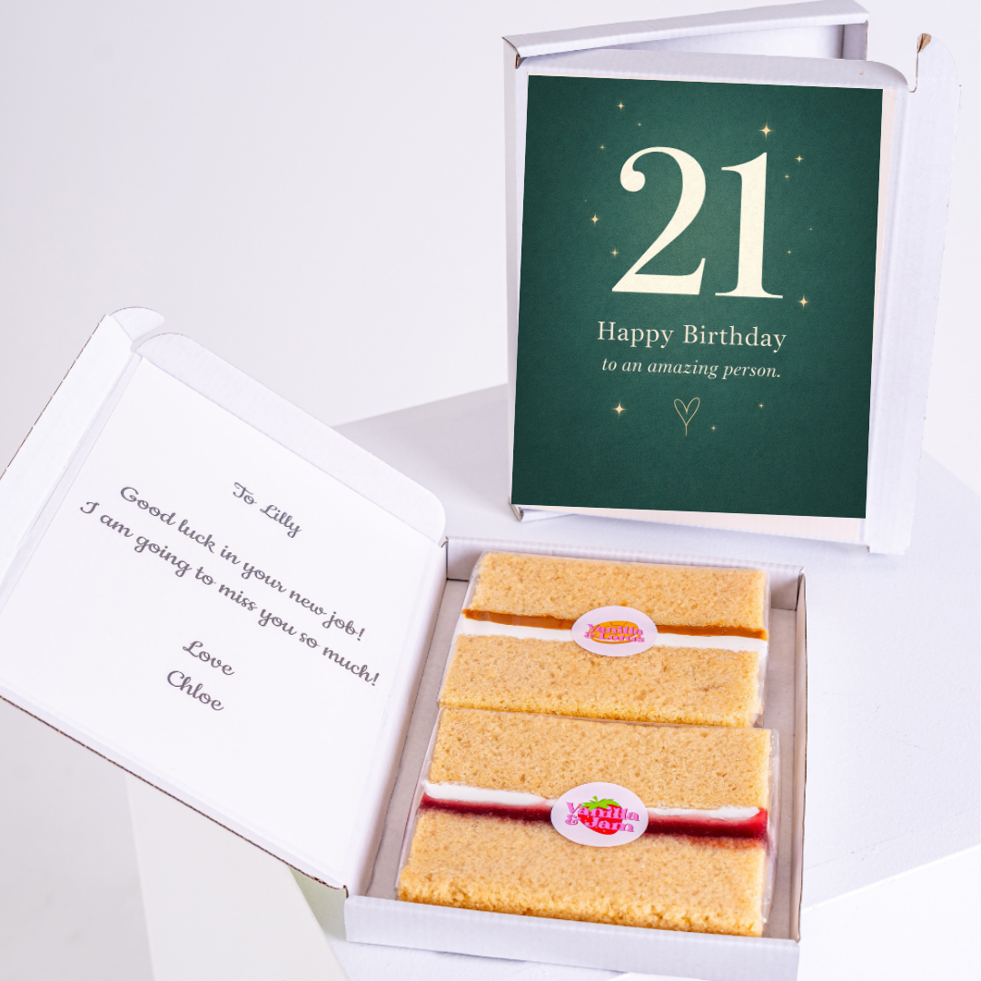 green 21st birthday cake card with sponge cake