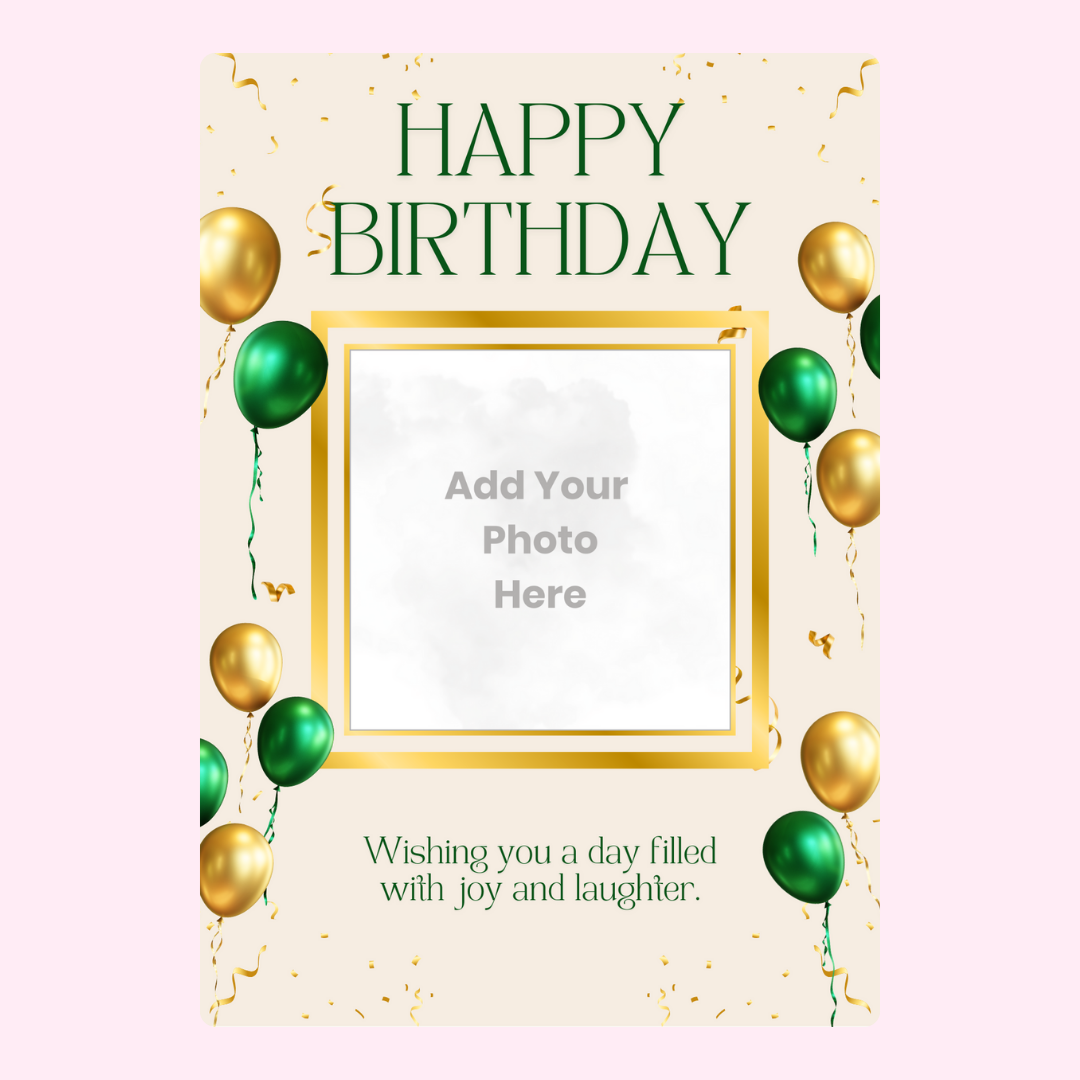 Birthday photo upload card with green and gold balloons