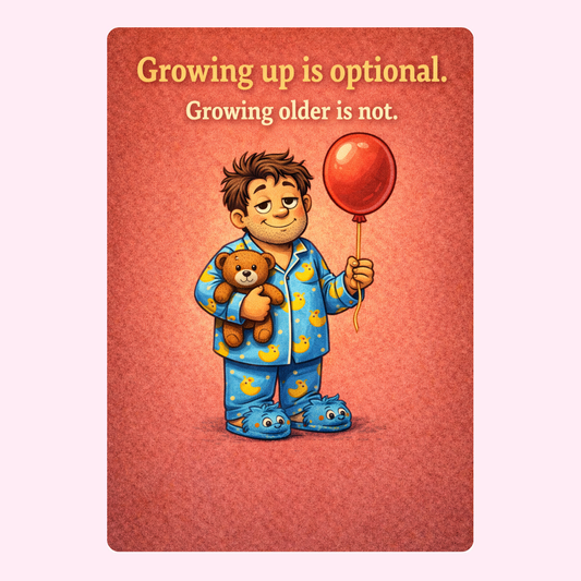 Humorous birthday card with man in pajamas holding teddy and balloon saying growing up is optional growing older is not