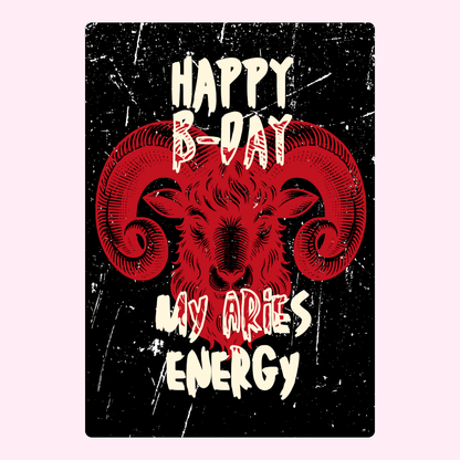 Edgy Aries birthday card with red ram artwork, distressed black background and bold grunge typography