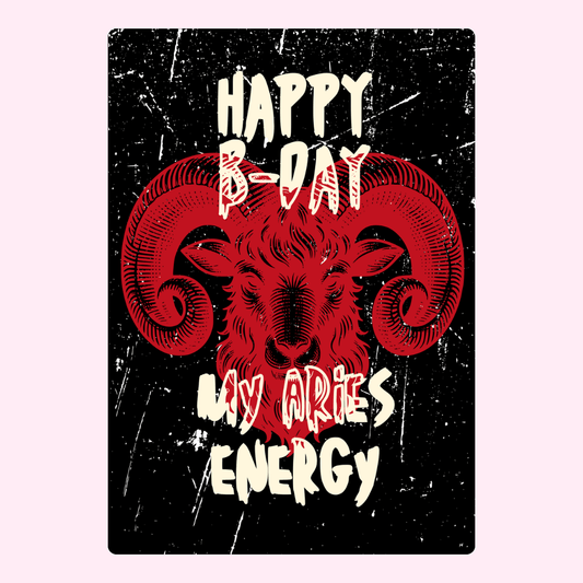 Edgy Aries birthday card with red ram artwork, distressed black background and bold grunge typography