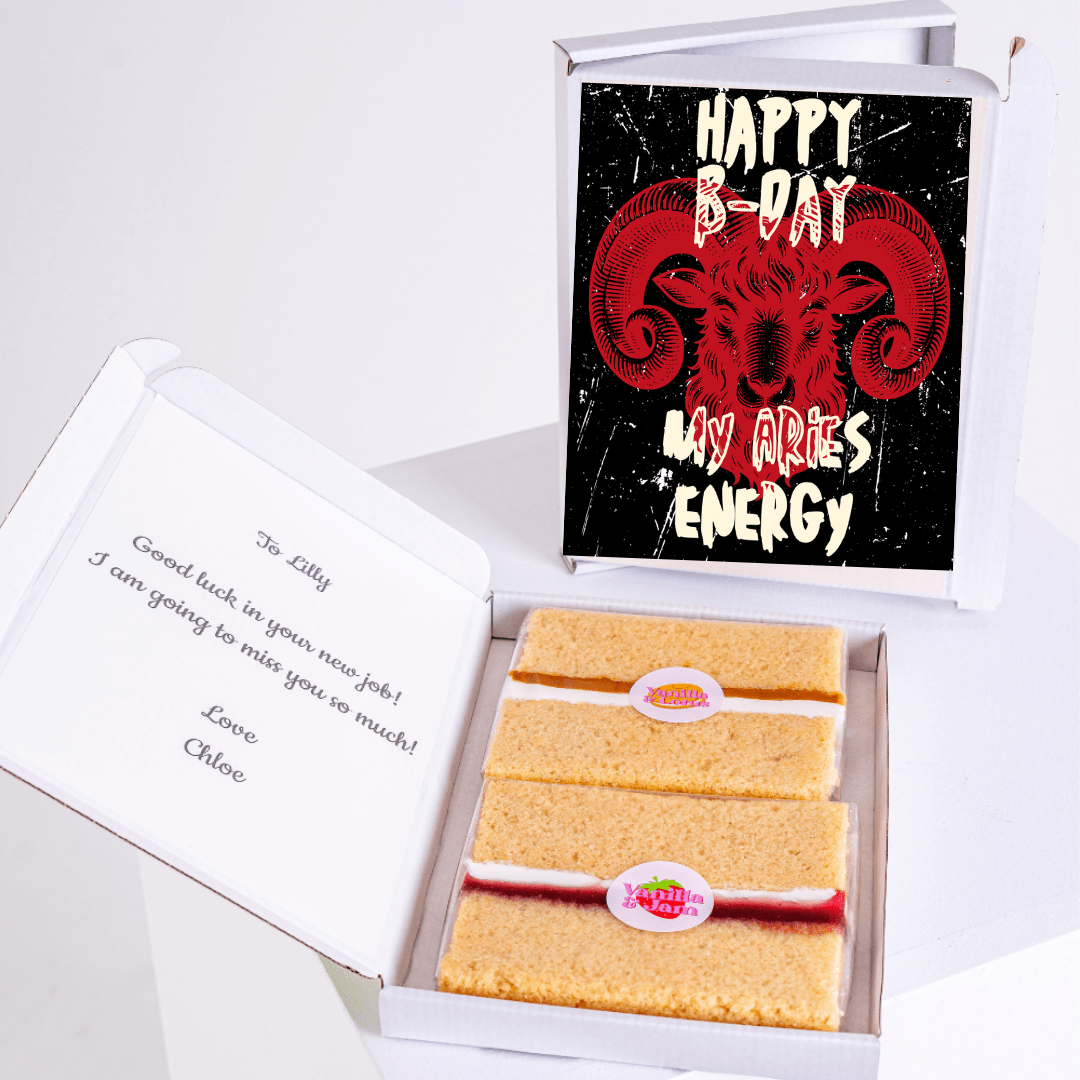 birthday cake gift box with grunge ram illustration and edgy black red typography design
