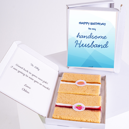 Happy birthday cake gift box for handsome husband with blue greeting card