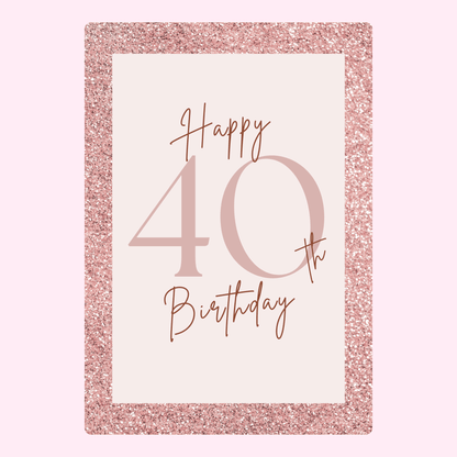 elegant happy 40th birthday cake card with glitter border design for personalised letterbox gift