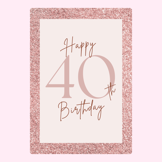 elegant happy 40th birthday cake card with glitter border design for personalised letterbox gift