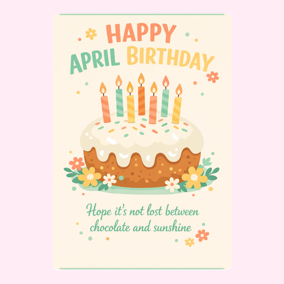 Cheerful April birthday card with illustrated cake, colourful candles, floral details and playful pastel typography