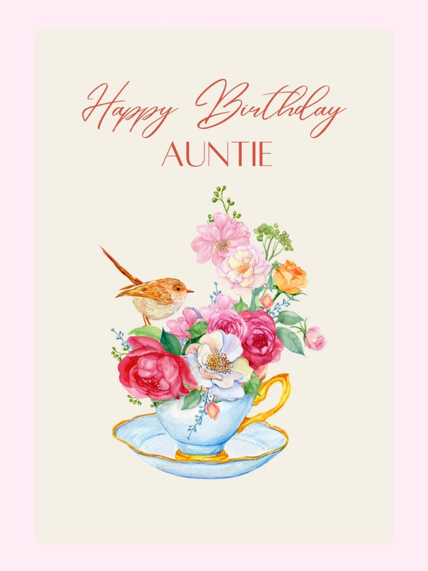 Floral teacup Happy Birthday Auntie cake card design