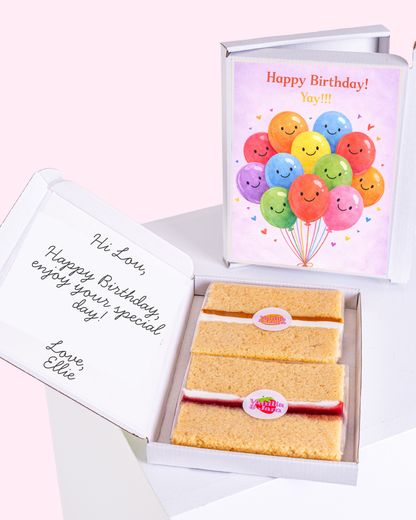 birthday cake card gift box with colorful smiling balloon design and yay message, letterbox cake slices inside