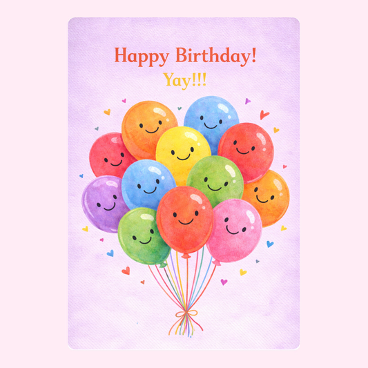 happy birthday card with colorful smiling balloons illustration and yay message on soft pastel background
