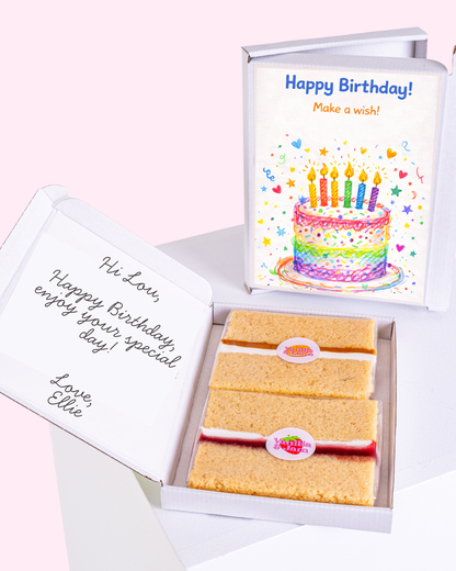 birthday cake card gift box with colorful candle cake design and make a wish message, letterbox cake slices inside