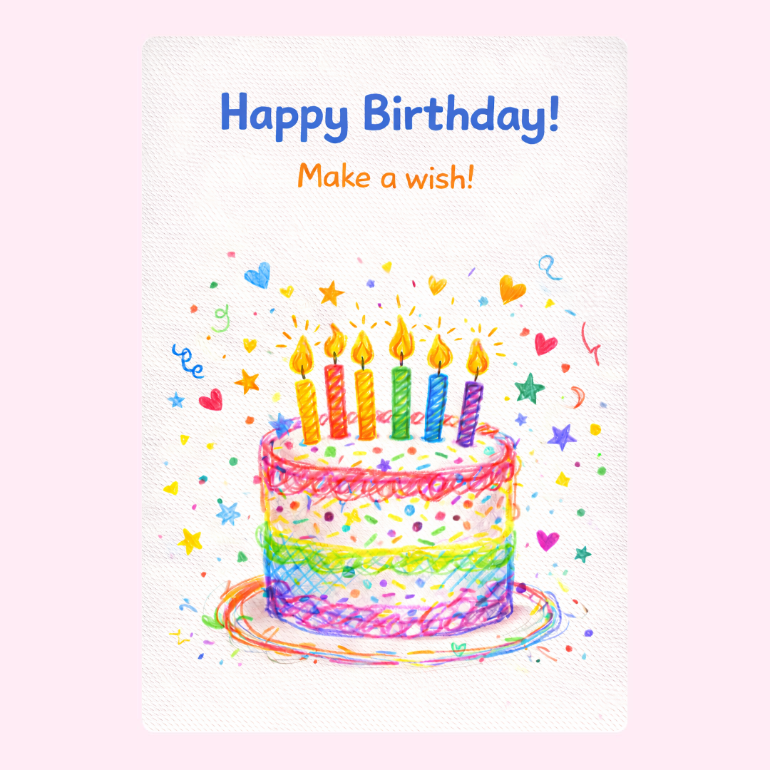happy birthday card with rainbow candle cake illustration and make a wish message on textured white background