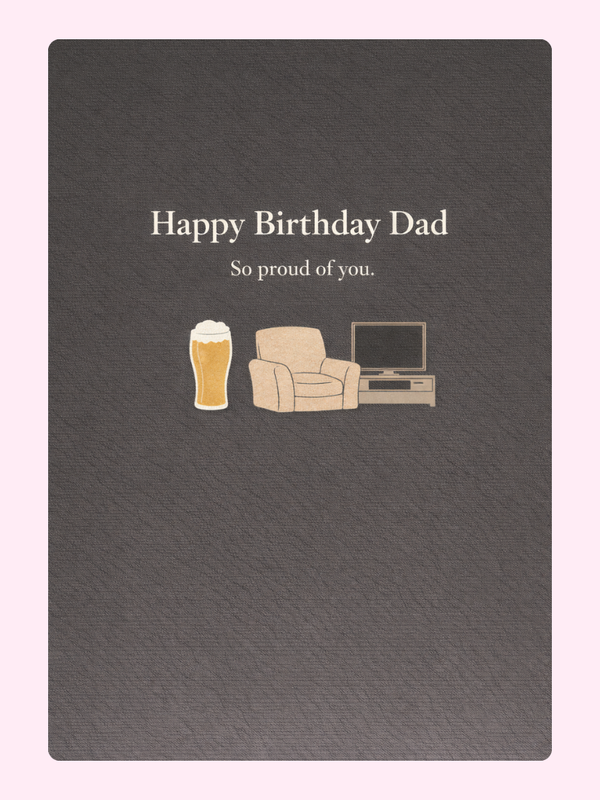 happy birthday dad card with chair, beer and tv illustration on dark background