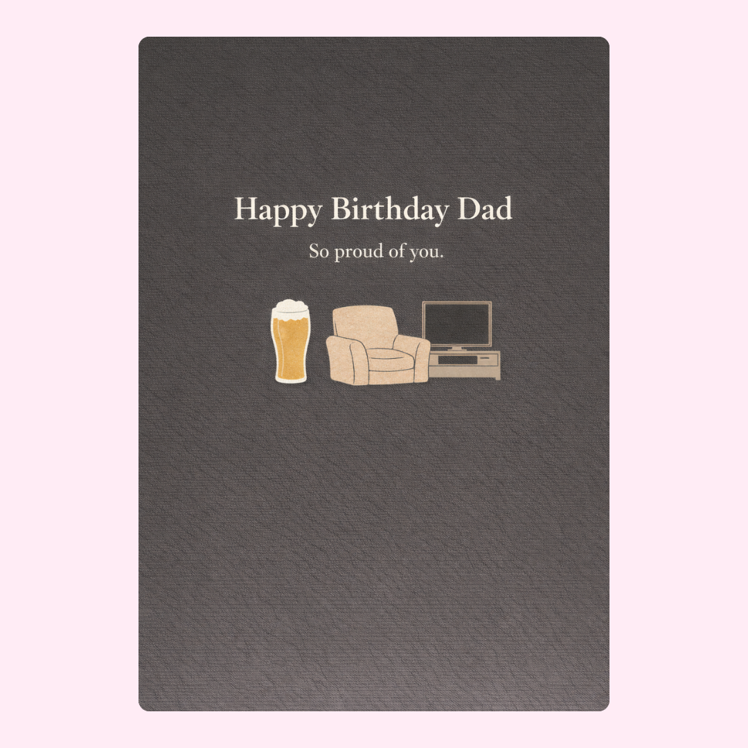 happy birthday dad card with chair, beer and tv illustration on dark background
