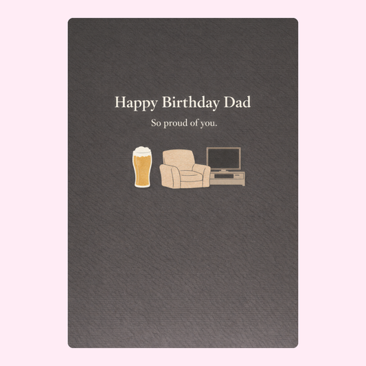 happy birthday dad card with chair, beer and tv illustration on dark background