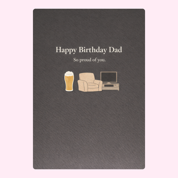 happy birthday dad card with chair, beer and tv illustration on dark background