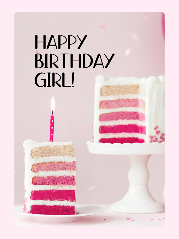 pink layered birthday cake with candle and happy birthday girl text