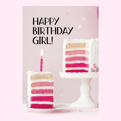pink layered birthday cake with candle and happy birthday girl text