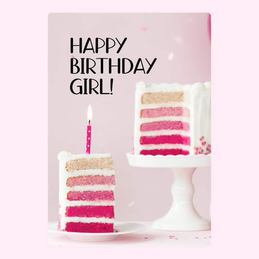 pink layered birthday cake with candle and happy birthday girl text