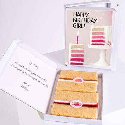 happy birthday girl cake card with pink layered cake in gift box