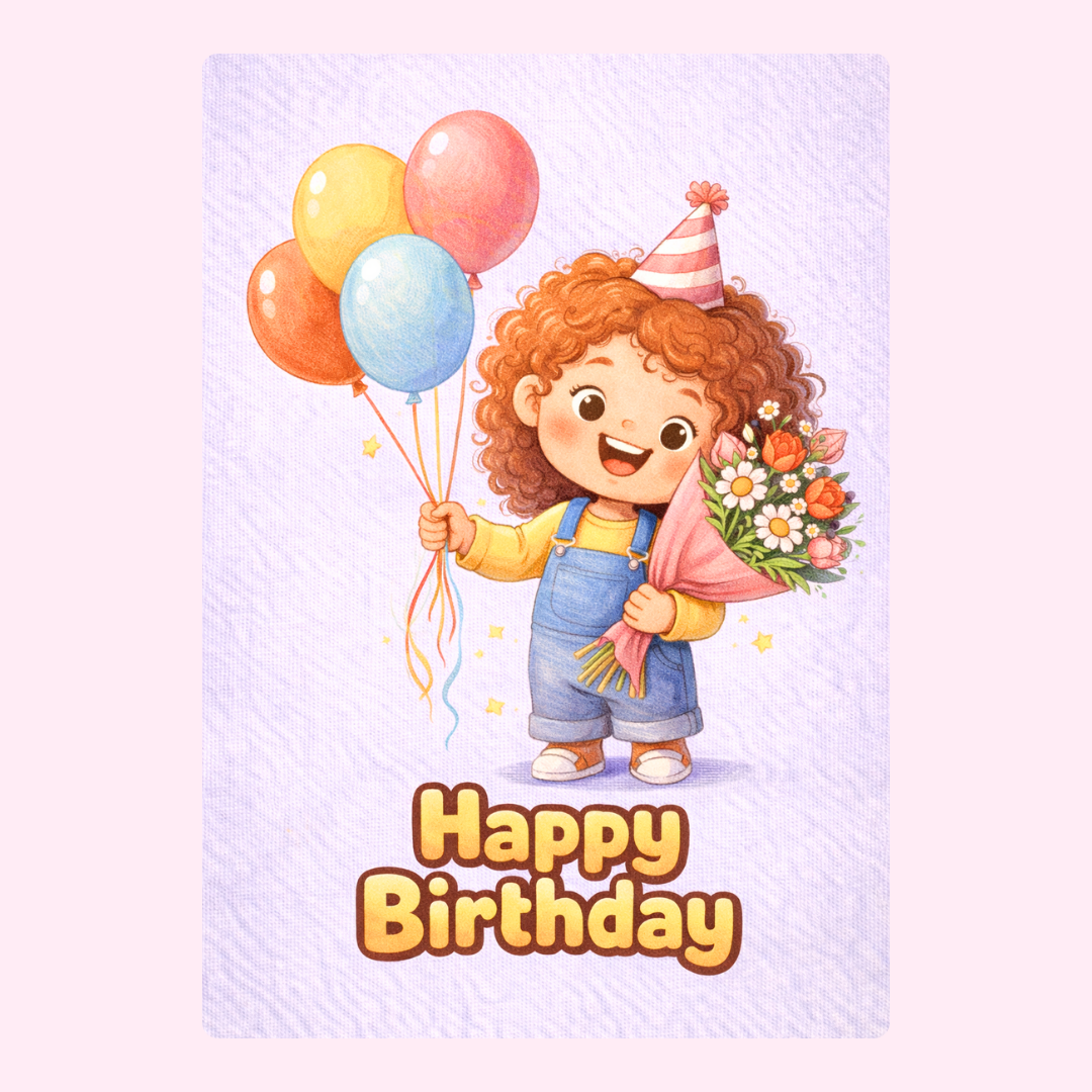 Happy birthday card with girl balloons and flowers