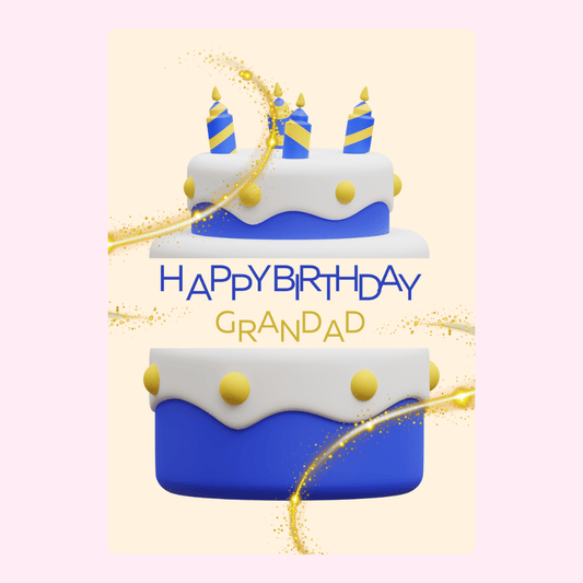 Happy Birthday Grandad card design with blue and gold birthday cake illustration