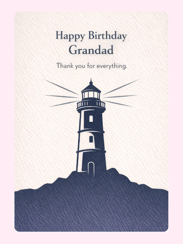 Happy Birthday Grandad card design with lighthouse illustration and thank you message