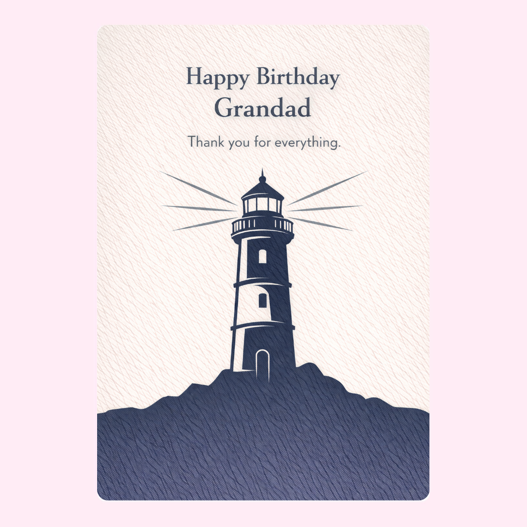 Happy Birthday Grandad card design with lighthouse illustration and thank you message