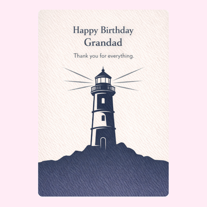 Happy Birthday Grandad card design with lighthouse illustration and thank you message
