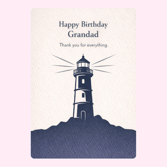 Happy Birthday Grandad card design with lighthouse illustration and thank you message
