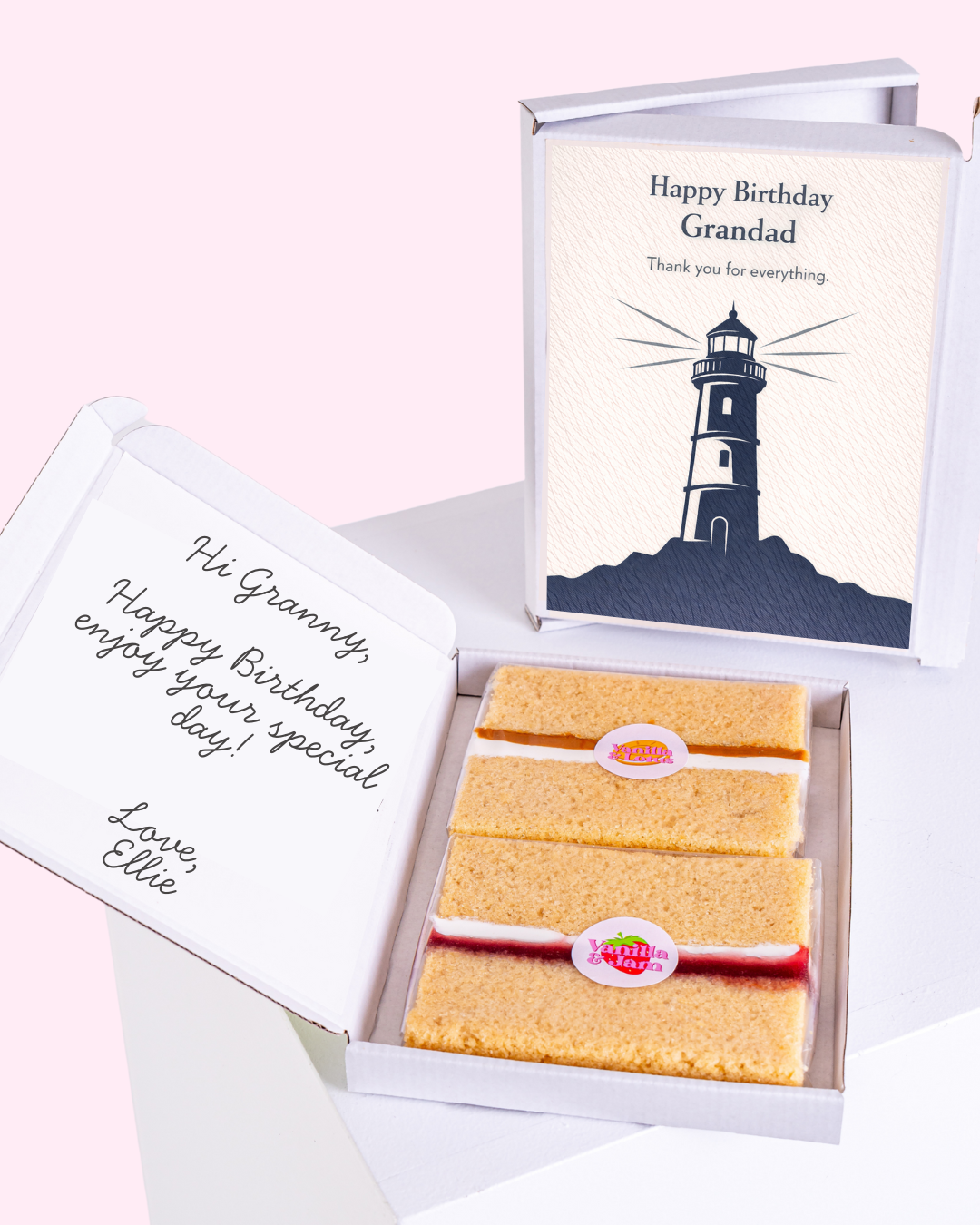 Happy Birthday Grandad cake card gift box with lighthouse design and sponge cake slices