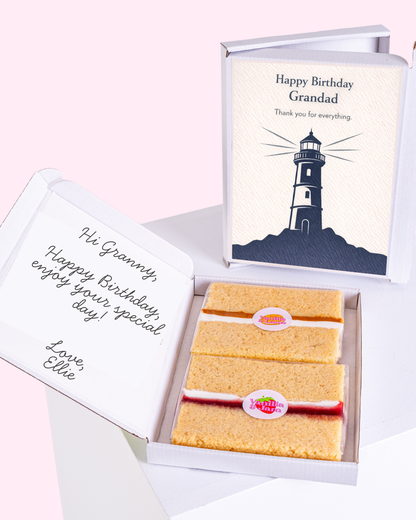 Happy Birthday Grandad cake card gift box with lighthouse design and sponge cake slices
