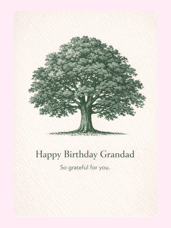 Happy Birthday Grandad card design with green tree illustration and thoughtful message
