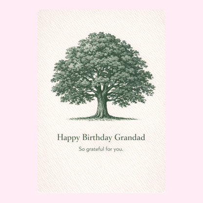 Happy Birthday Grandad card design with green tree illustration and thoughtful message