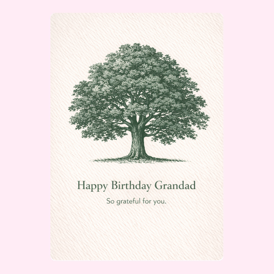 Happy Birthday Grandad card design with green tree illustration and thoughtful message