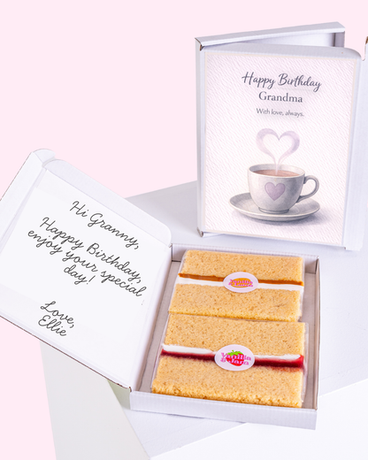 Happy Birthday Grandma cake card gift box with personalised message and sponge cake slices