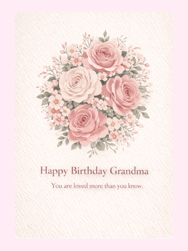 Floral Happy Birthday Grandma card design with pink roses and loving message