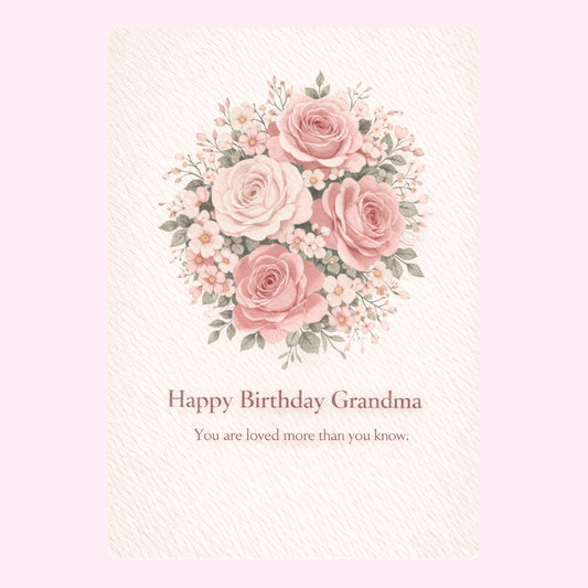 Floral Happy Birthday Grandma card design with pink roses and loving message