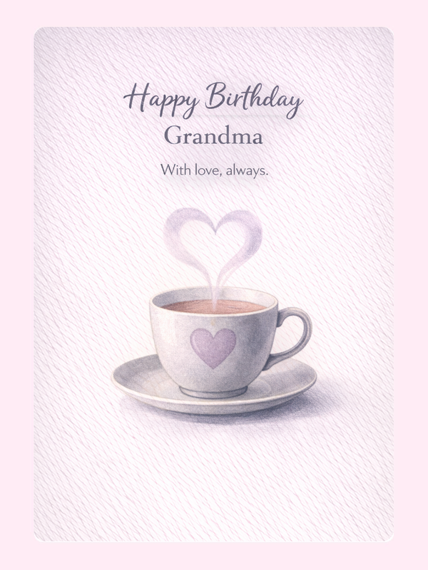 Happy Birthday Grandma card design with heart coffee cup and loving message