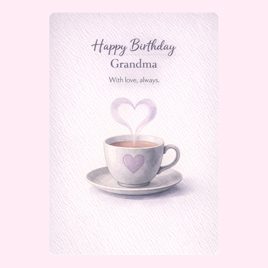 Happy Birthday Grandma card design with heart coffee cup and loving message