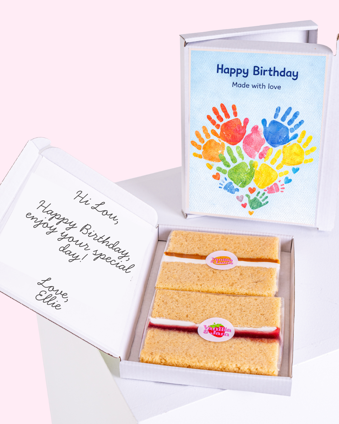 birthday cake card gift box with personalised message and colorful handprint heart design card, letterbox cake slices inside
