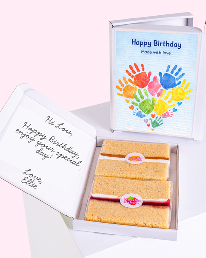 birthday cake card gift box with personalised message and colorful handprint heart design card, letterbox cake slices inside