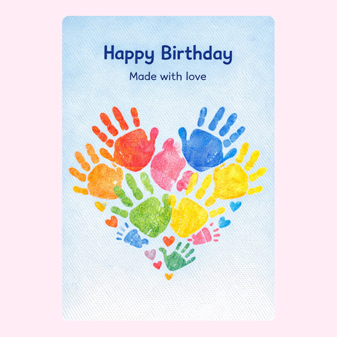 happy birthday card with colorful handprint heart design and made with love message on soft blue background