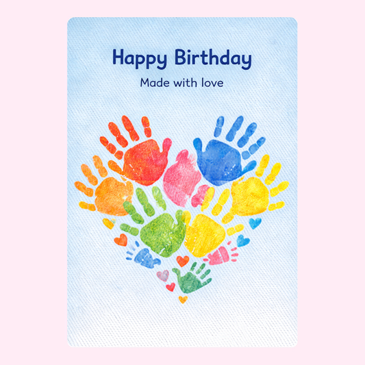 happy birthday card with colorful handprint heart design and made with love message on soft blue background