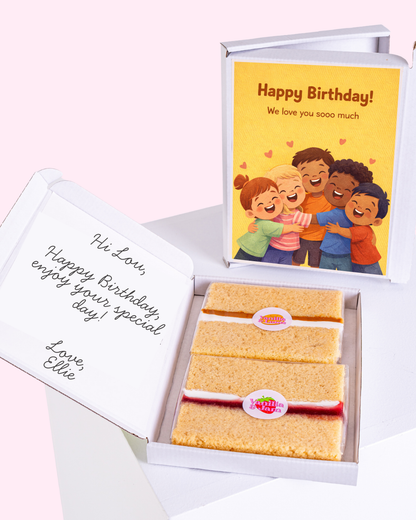 birthday cake card gift box with personalised message and kids hugging illustration design, letterbox cake slices inside
