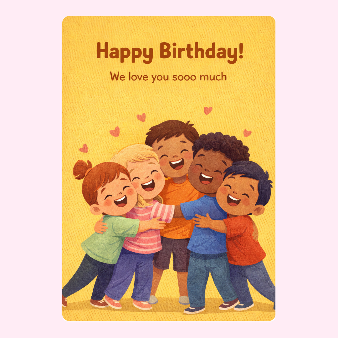 happy birthday card with cute kids hugging illustration and we love you so much message on warm yellow background