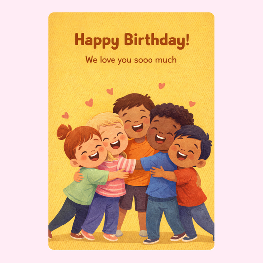 happy birthday card with cute kids hugging illustration and we love you so much message on warm yellow background